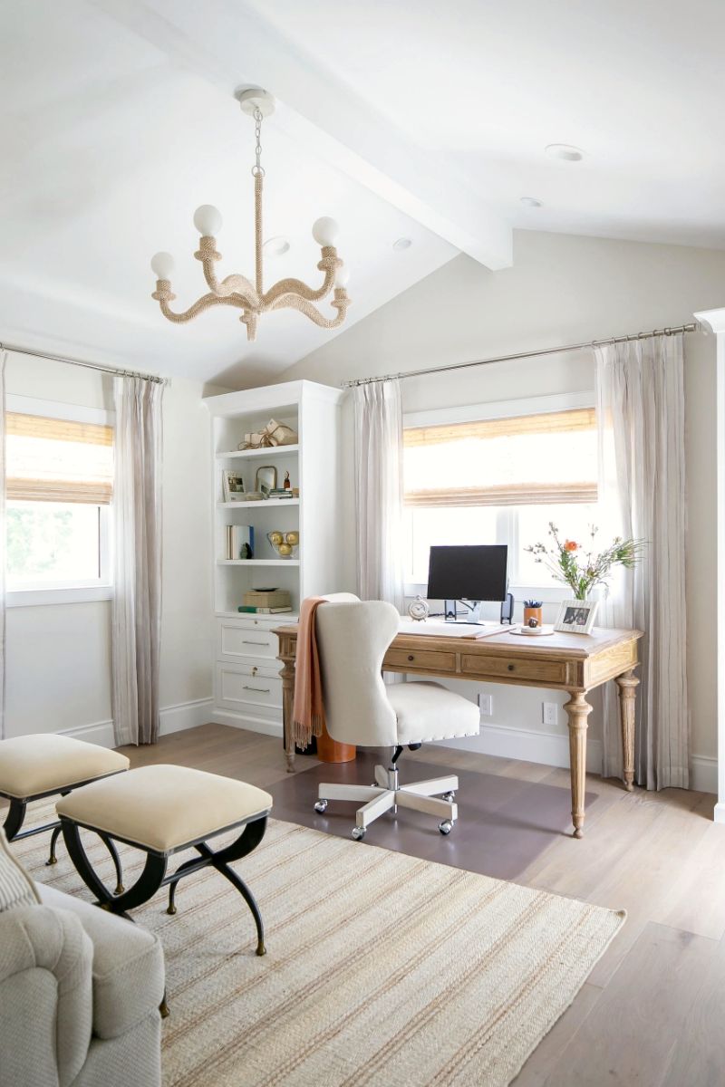 Vaulted home office with antler chandelier