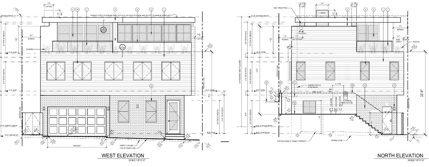 West and north exterior elevations of a three-storey new home