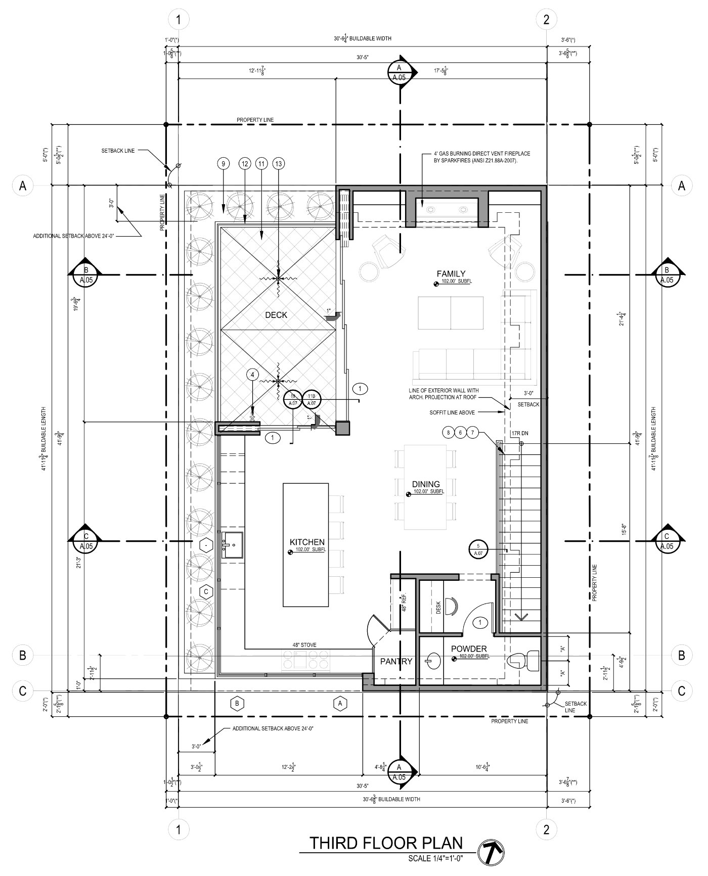 Third floor plan with kitchen, dining, family room and deck