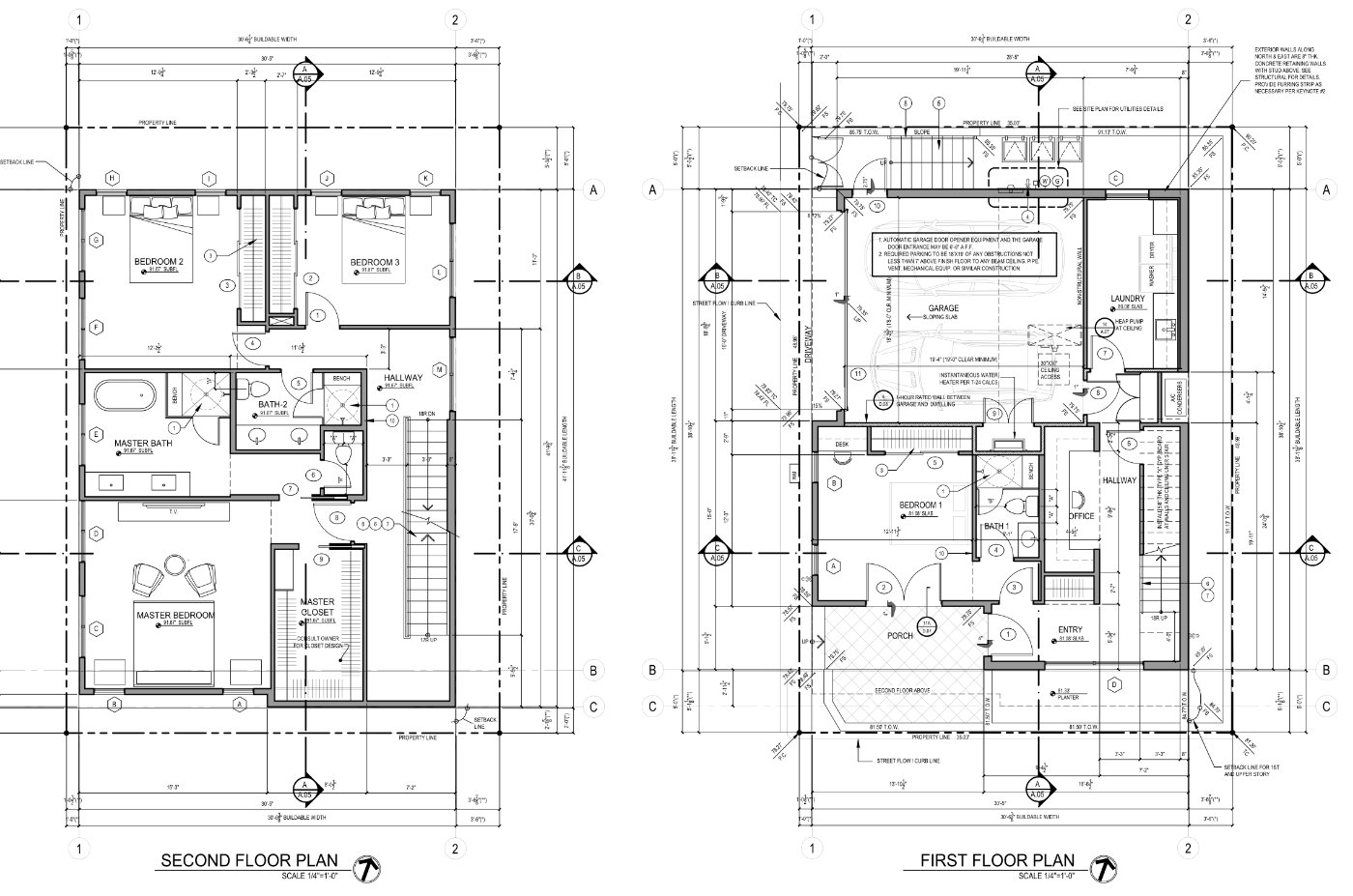 First and second floor plans with bedrooms, baths, garage and entry